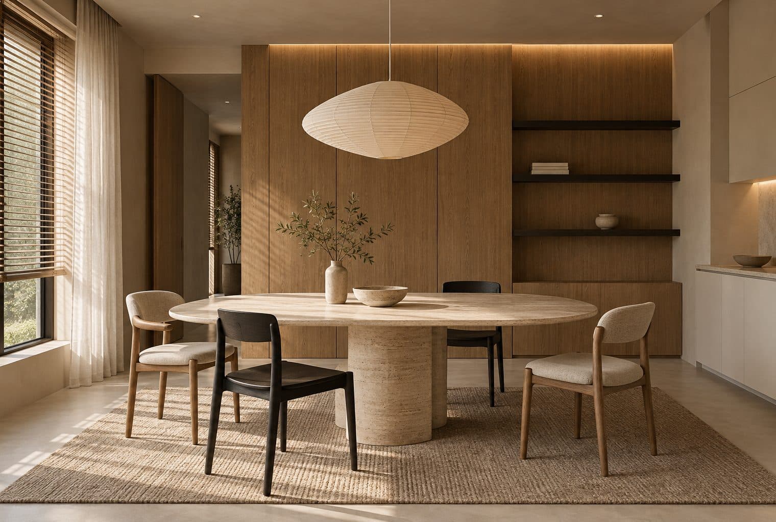 Ảnh minh hoạ do AI tạo: khu bàn ăn với bàn đá travertine hình oval, tủ gỗ sồi và đèn thả giấy