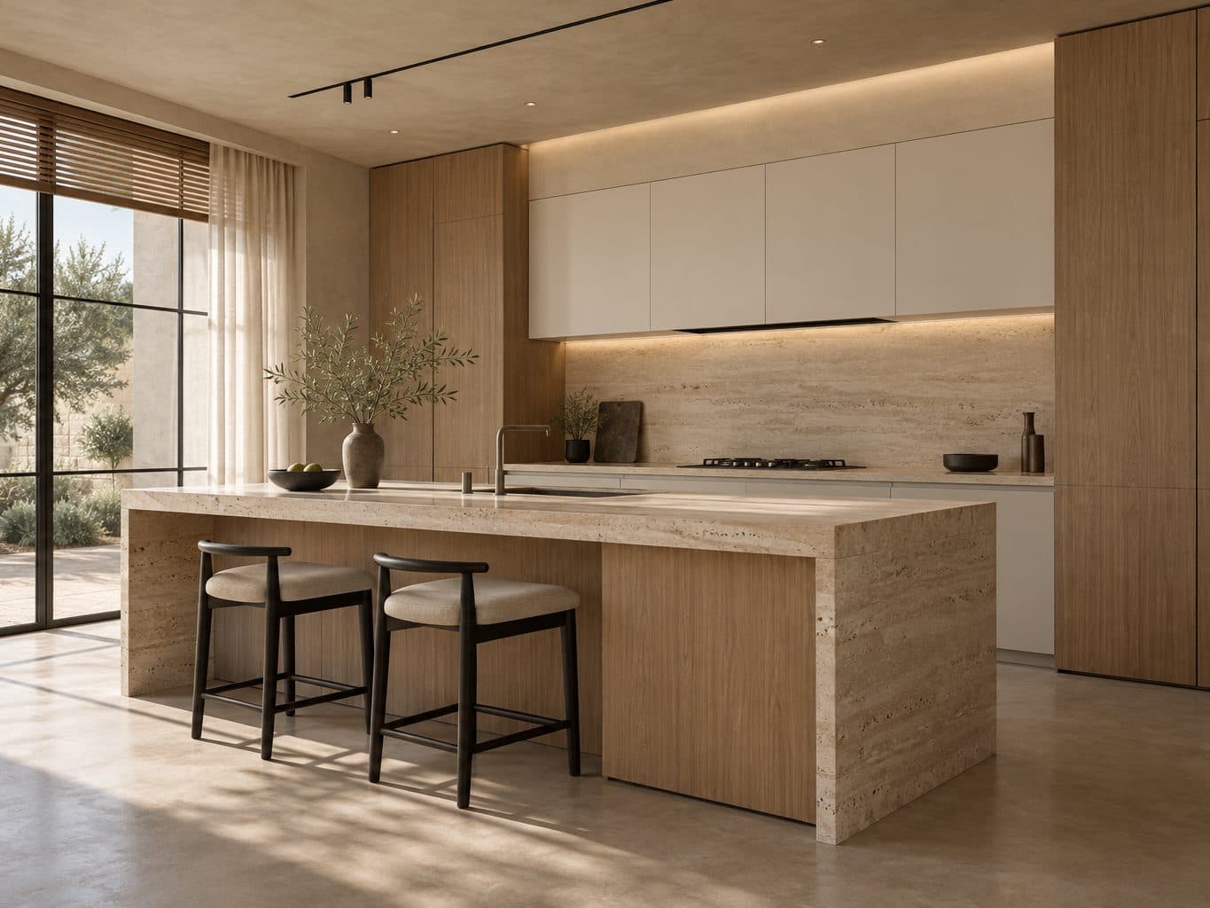 Ảnh minh hoạ do AI tạo: bếp tối giản có đảo bếp mặt đá travertine và hai ghế cao