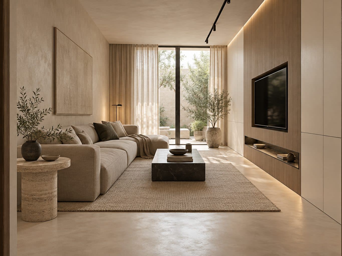Ảnh minh hoạ do AI tạo: phòng khách nhà phố tối giản với sofa màu be, vách gỗ sồi có hốc tivi và cửa kính ra sân